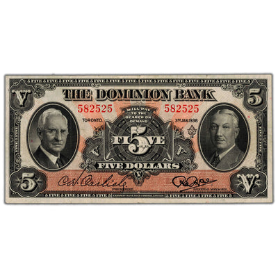 $5 1938 The Dominion Bank Canada Chartered Note #220-28-02 - VF+