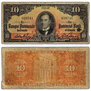 SOLD $10 1936 Banque Provinciale du Canada Chartered Note #615-18-06 - Pinholes