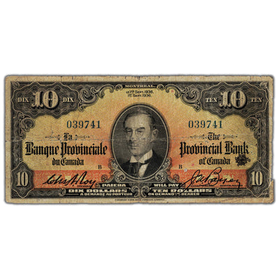 $10 1936 Banque Provinciale du Canada Chartered Note #615-18-06 - Pinholes