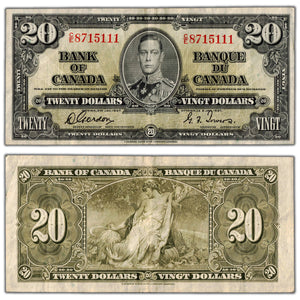 SOLD $20 1937 Bank of Canada Note Gordon-Towers C/E Prefix BC-25b - VF