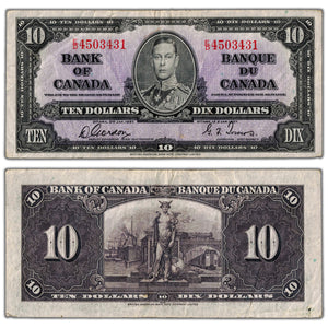 SOLD $10 1937 Bank of Canada Note Gordon-Towers E/D Prefix BC-24b - VF (hole)