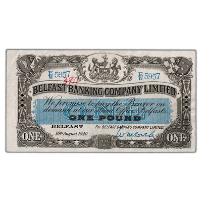 SOLD Ireland Belfast Banking Company Ltd 1940 1 One Pound Note P #126b - VF/EF