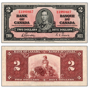 SOLD $2 1937 Bank of Canada Note Gordon-Towers K/B Prefix BC-22b - VF/EF