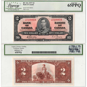 SOLD $2 1937 Bank of Canada Note Gordon-Towers Y/B Prefix BC-22c - Legacy UNC-65 PPQ