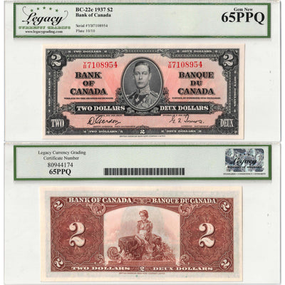 SOLD $2 1937 Bank of Canada Note Gordon-Towers Y/B Prefix BC-22c - Legacy UNC-65 PPQ
