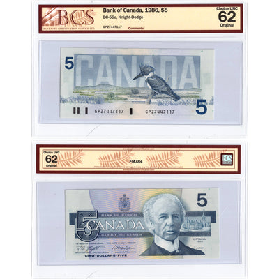 SOLD $5 1986 Bank of Canada Note Knight-Dodge GPZ Prefix BC-56e - BCS Ch UNC-62