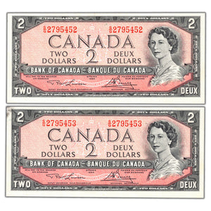 SOLD $2 1954 Bank of Canada Notes S/G Prefix BC-38d - 2 Consecutive Choice UNC