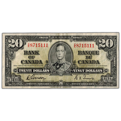 $20 1937 Bank of Canada Note Gordon-Towers C/E Prefix BC-25b - VF