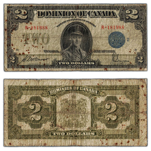 SOLD $2 1923 Dominion of Canada Note Blue Seal Series R DC-26h - Stained