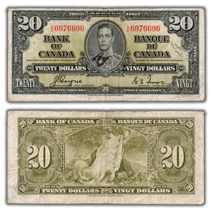 SOLD $20 1937 Bank of Canada Note Coyne-Towers K/E Prefix BC-25c - Writing