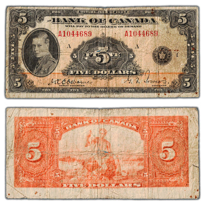 SOLD $5 1935 Bank of Canada Note English Text BC-5 - Hole/Edge Tear