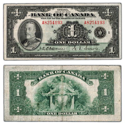 SOLD $1 1935 Bank of Canada Note English Text Letter 'A' BC-1 - F/VF