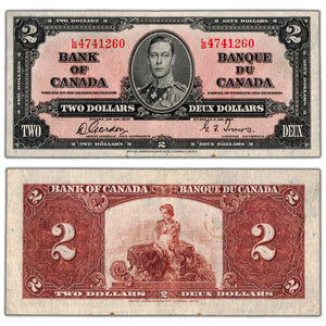SOLD $2 1937 Bank of Canada Note Gordon-Towers L/B Prefix BC-22b - VF