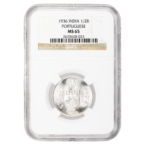SOLD Portuguese India 1936 1/2 Half Rupia Silver Coin - NGC MS-65