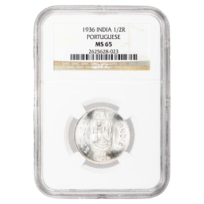 SOLD Portuguese India 1936 1/2 Half Rupia Silver Coin - NGC MS-65