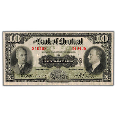 SOLD $10 1938 Bank of Montreal Canada Chartered Note CH #505-62-04 - Nice VF