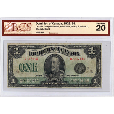$1 1923 Dominion of Canada Note Campbell-Sellar Black Seal DC-25n - BCS VF-20