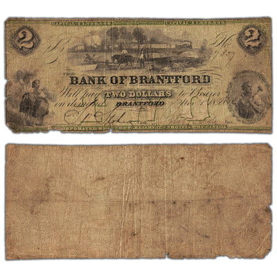 SOLD $2 1859 Bank of Brantford Canada Chartered Note #10-04-04 - Heavily Circulated
