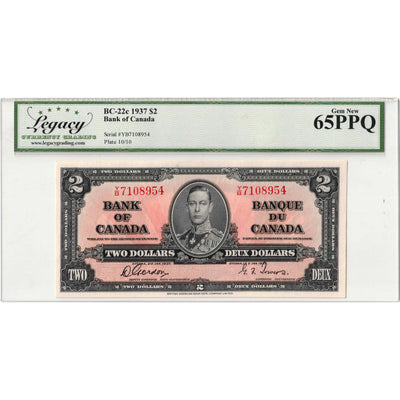 SOLD $2 1937 Bank of Canada Note Gordon-Towers Y/B Prefix BC-22c - Legacy UNC-65 PPQ