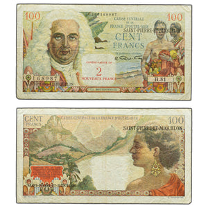 SOLD St. Pierre & Miquelon 1963 2 Nouveau Francs / 100 Francs P #32 - Minor Pinhole