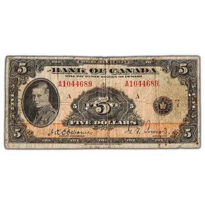 SOLD $5 1935 Bank of Canada Note English Text BC-5 - Hole/Edge Tear