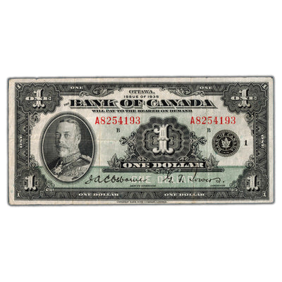SOLD $1 1935 Bank of Canada Note English Text Letter 'A' BC-1 - F/VF
