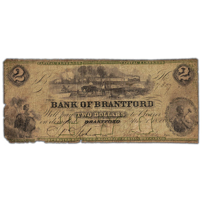 SOLD $2 1859 Bank of Brantford Canada Chartered Note #10-04-04 - Heavily Circulated