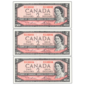 SOLD $2 1954 Bank of Canada Notes S/G Prefix BC-38d - 3 Consecutive Choice UNC
