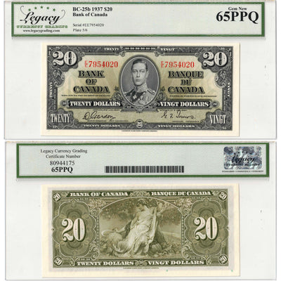 SOLD $20 1937 Bank of Canada Note Gordon-Towers E/E Prefix BC-25b - Legacy UNC-65 PPQ