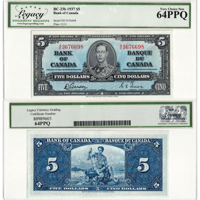 $5 1937 Bank of Canada Note Gordon-Towers X/C Prefix BC-23b - Legacy Ch UNC-64 PPQ