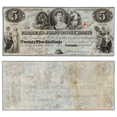 $5 1849 Farmer's Joint Stock Bank Canada Note #280-12-06 - VF