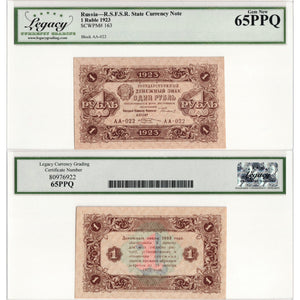 SOLD Russia 1923 1 Ruble Note P #163 - Legacy Gem UNC-65 PPQ
