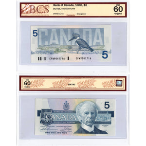 SOLD $5 1986 Bank of Canada Note EPW Changeover Prefix BC-56b - BCS UNC-60