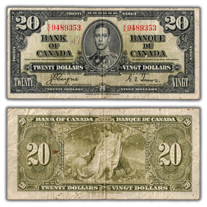 SOLD $20 1937 Bank of Canada Note Coyne-Towers K/E Prefix BC-25c - Writing