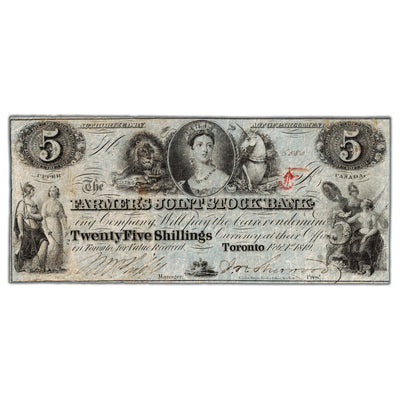 $5 1849 Farmer's Joint Stock Bank Canada Note #280-12-06 - VF