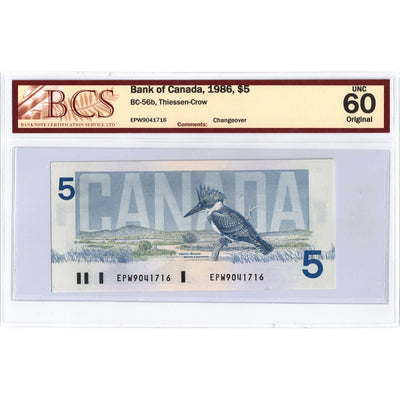 SOLD $5 1986 Bank of Canada Note EPW Changeover Prefix BC-56b - BCS UNC-60