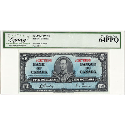 $5 1937 Bank of Canada Note Gordon-Towers X/C Prefix BC-23b - Legacy Ch UNC-64 PPQ