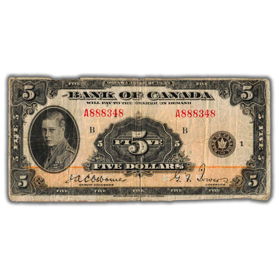 SOLD $5 1935 Bank of Canada Note English Text BC-5 - Large Tear