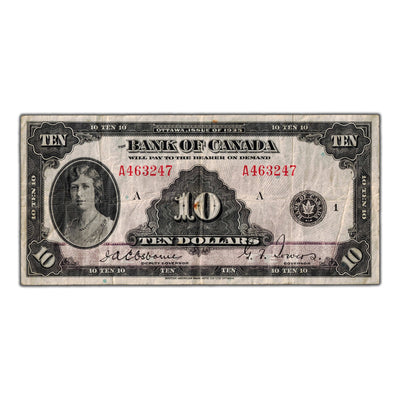 SOLD $10 1935 Bank of Canada Note English Text BC-7 - VF (faded back)