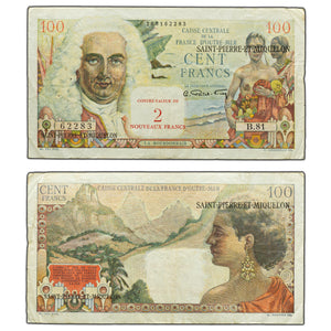 SOLD St. Pierre & Miquelon 1963 2 Nouveau Francs / 100 Francs P #32 - Pinholes