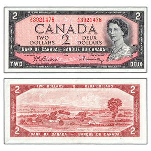 SOLD $2 1954 Bank of Canada Note Beattie-Rasminsky Y/U Prefix BC-38b - AU
