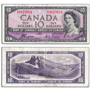 SOLD $10 1954 Bank of Canada Note Devil Face A/D Prefix BC-32a - VF