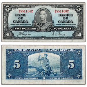 SOLD $5 1937 Bank of Canada Note Coyne-Towers X/C Prefix BC-23c - VF