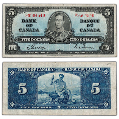$5 1937 Bank of Canada Note Gordon-Towers O/C Prefix BC-23b - VF