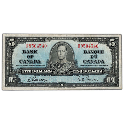 $5 1937 Bank of Canada Note Gordon-Towers O/C Prefix BC-23b - VF