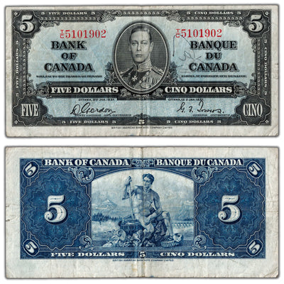 $5 1937 Bank of Canada Note Gordon-Towers T/C Prefix BC-23b - F/VF (writing)