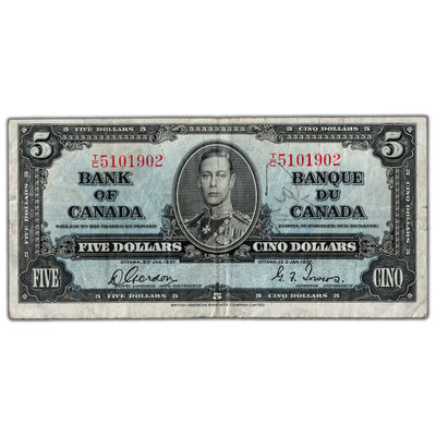 $5 1937 Bank of Canada Note Gordon-Towers T/C Prefix BC-23b - F/VF (writing)