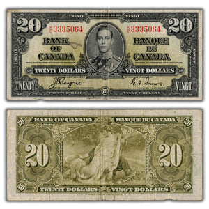 SOLD $20 1937 Bank of Canada Note Coyne-Towers K/E Prefix BC-25c - Writing