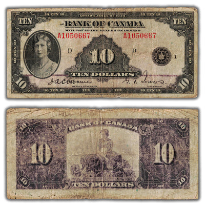 SOLD $10 1935 Bank of Canada Note English Text BC-7 - Faded Back