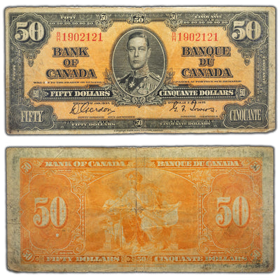 SOLD $50 1937 Bank of Canada Note Gordon-Towers B/H Prefix BC-26b - Faded Back